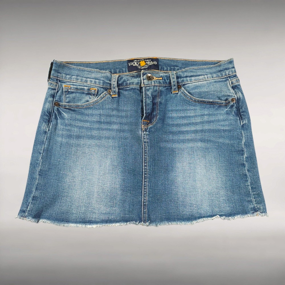 Lucky Brand Blossom Denim Mini Skirt Raw Hem Frayed Jean Skirt Medium Wash Sz 6